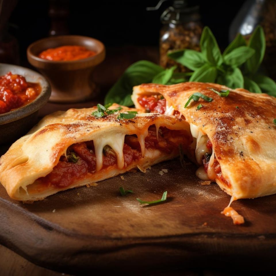 A sliced calzone from Big Daddy's By Paradisos, revealing melted cheese and rich tomato sauce.