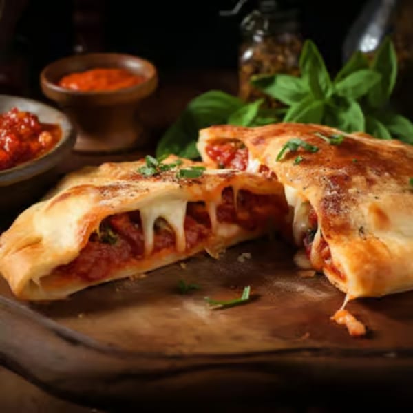 A sliced calzone from Big Daddy's By Paradisos, revealing melted cheese and tomato sauce, with basil and sauce bowls.
