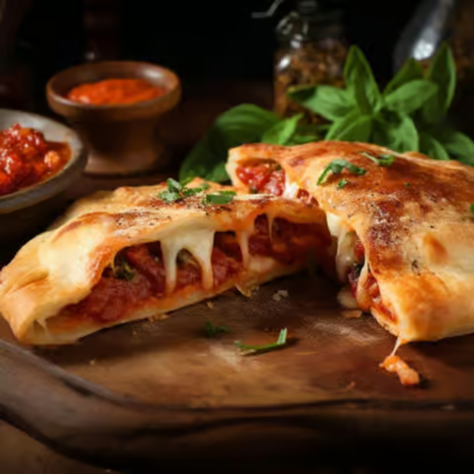 A sliced calzone from Big Daddy's By Paradisos, revealing melted cheese and tomato sauce, with basil and sauce bowls.